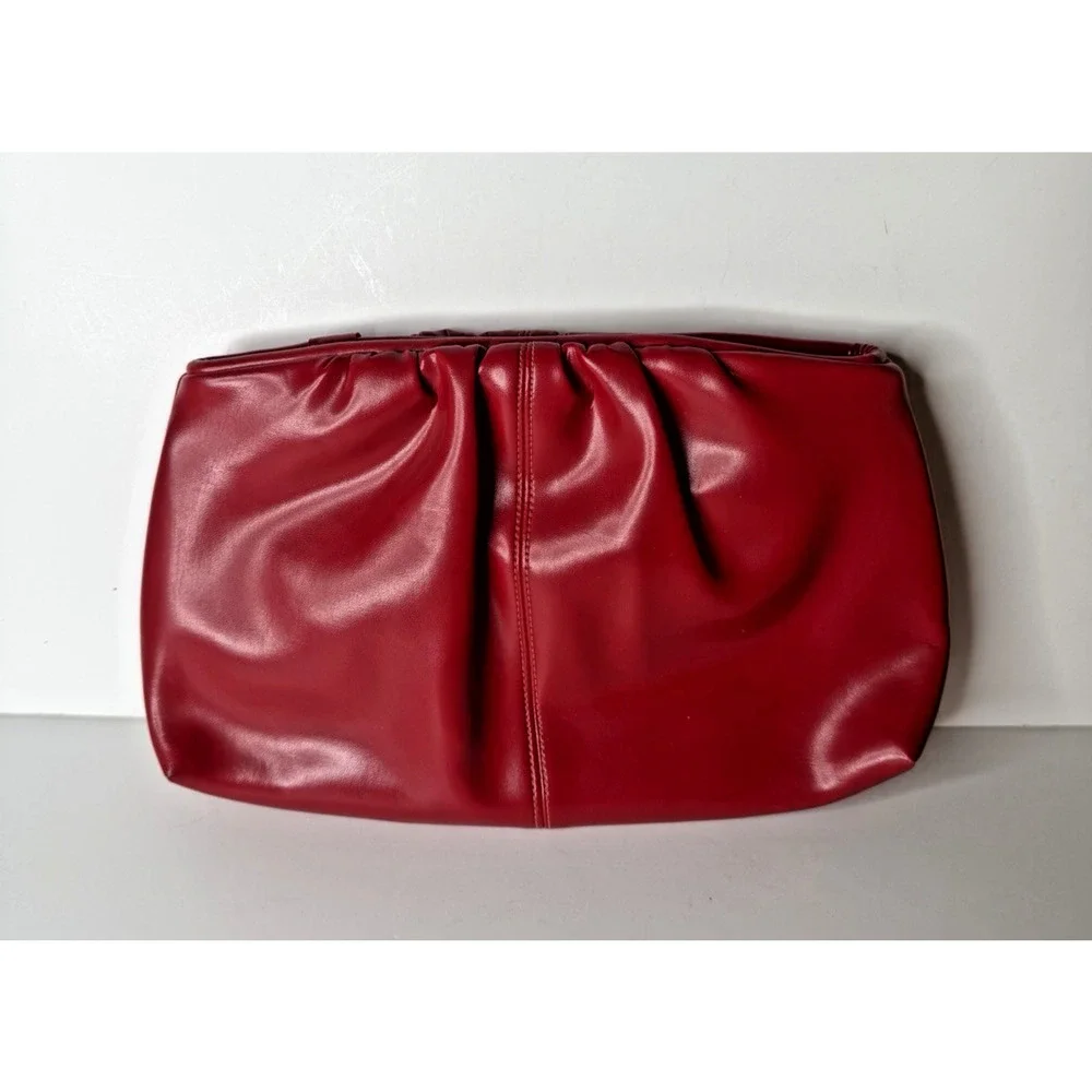Red Ruched Faux Leather Shoulder Bag Clutch Purse Push Bar Evening Statement Y2K